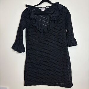 Gretchen Scott Designs Black Eyelet Ruffle V Neck 3/4 Sleeve Dress Size S‎